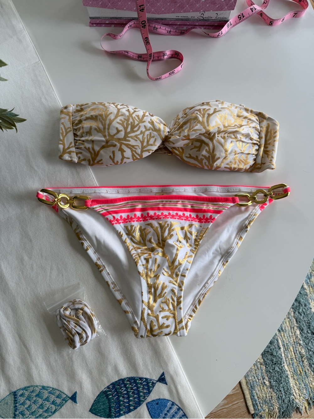 White & Gold Coral Print Bandeau Bikini